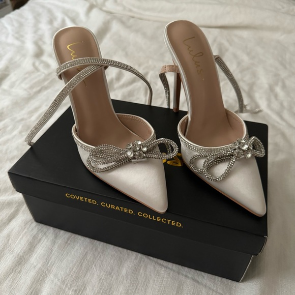 Lulus Shoes - Lullie Ivory Satin Rhinestone Ankle Strap Pointed-Toe Pumps